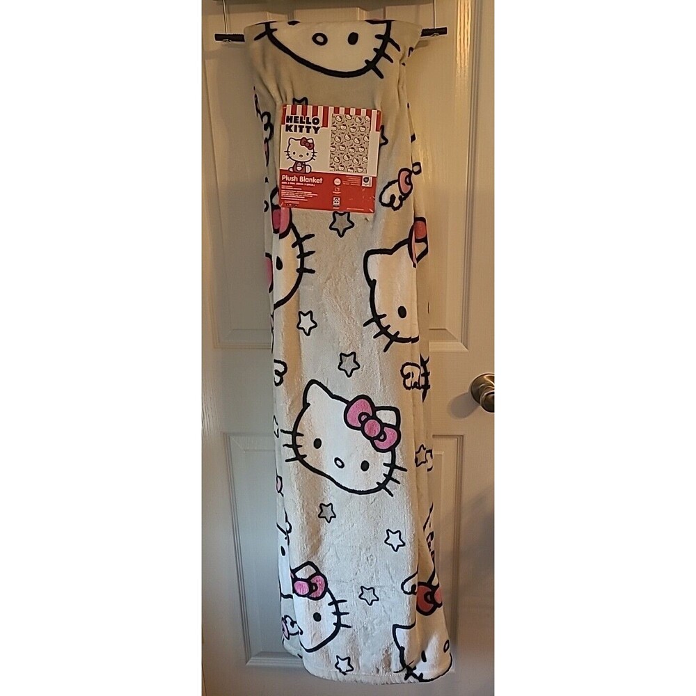 Sanrio Hello Kitty Throw Blanket 50 x 70 Light Grey Bows and Stars New With Tags